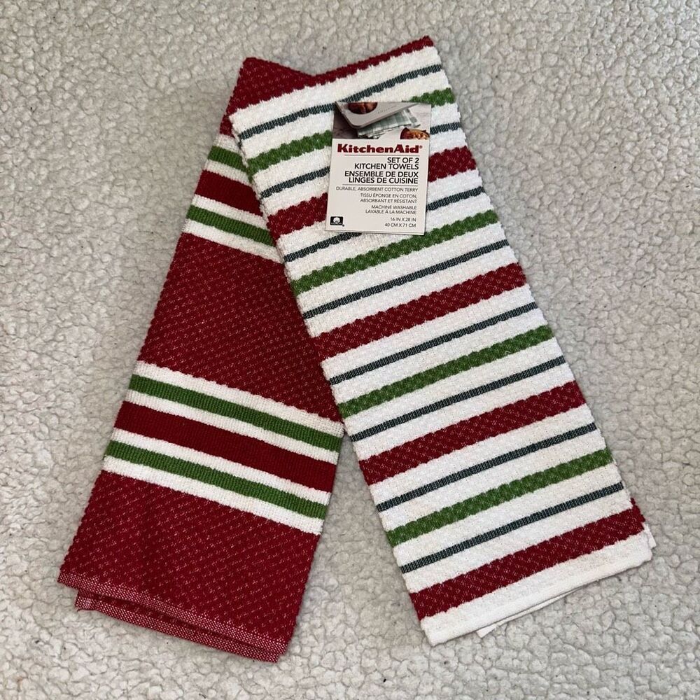 KitchenAid Christmas Red Green White Stripe Dish Towels NWT